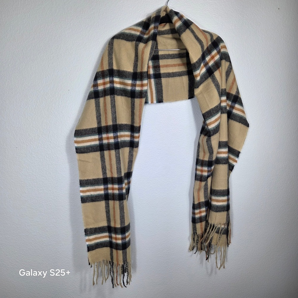 Plaid Oversized Scarf Tan Black Orange Check Large Fringe Wrap 70x30